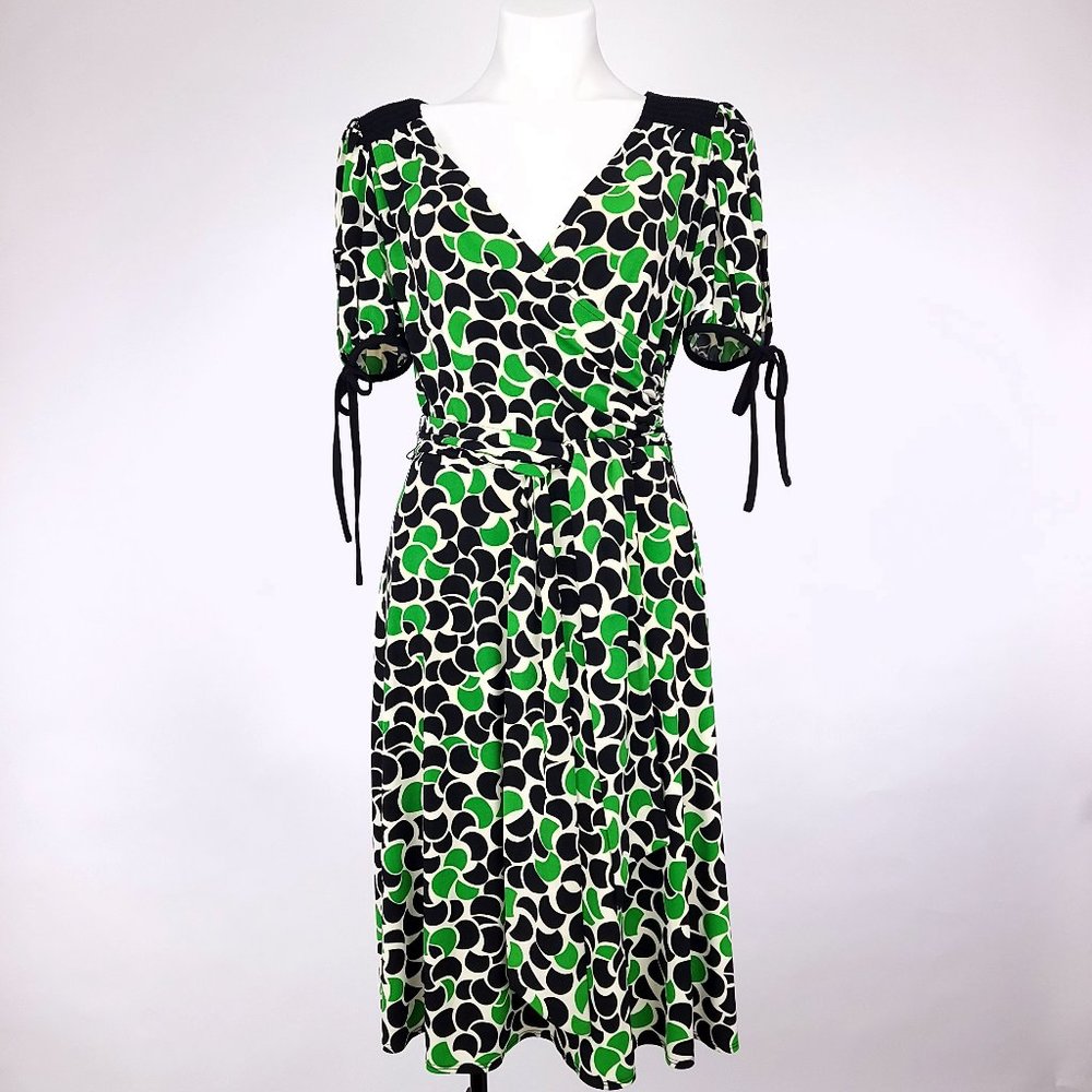 Donna Morgan Geometric‎ Wrap Dress Womens Green Black Retro Mod Tie Sleeve 10P